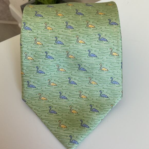 Tommy Hilfiger Silk Flamingo Mens One Size Adjustable Green Tie - Picture 2 of 5